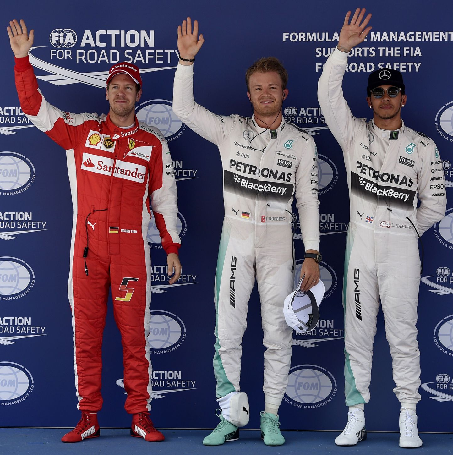 Sebastian Vettel, Nico Rosberg ja Lewis Hamilton.
