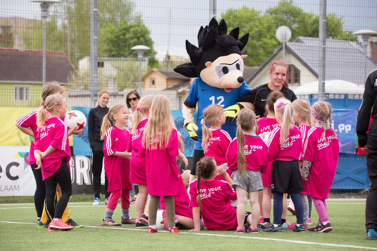 Tüdrukute jalgpallifestivalil Rakveres lustis koos lastega jalgpalliliidu maskott Siil.