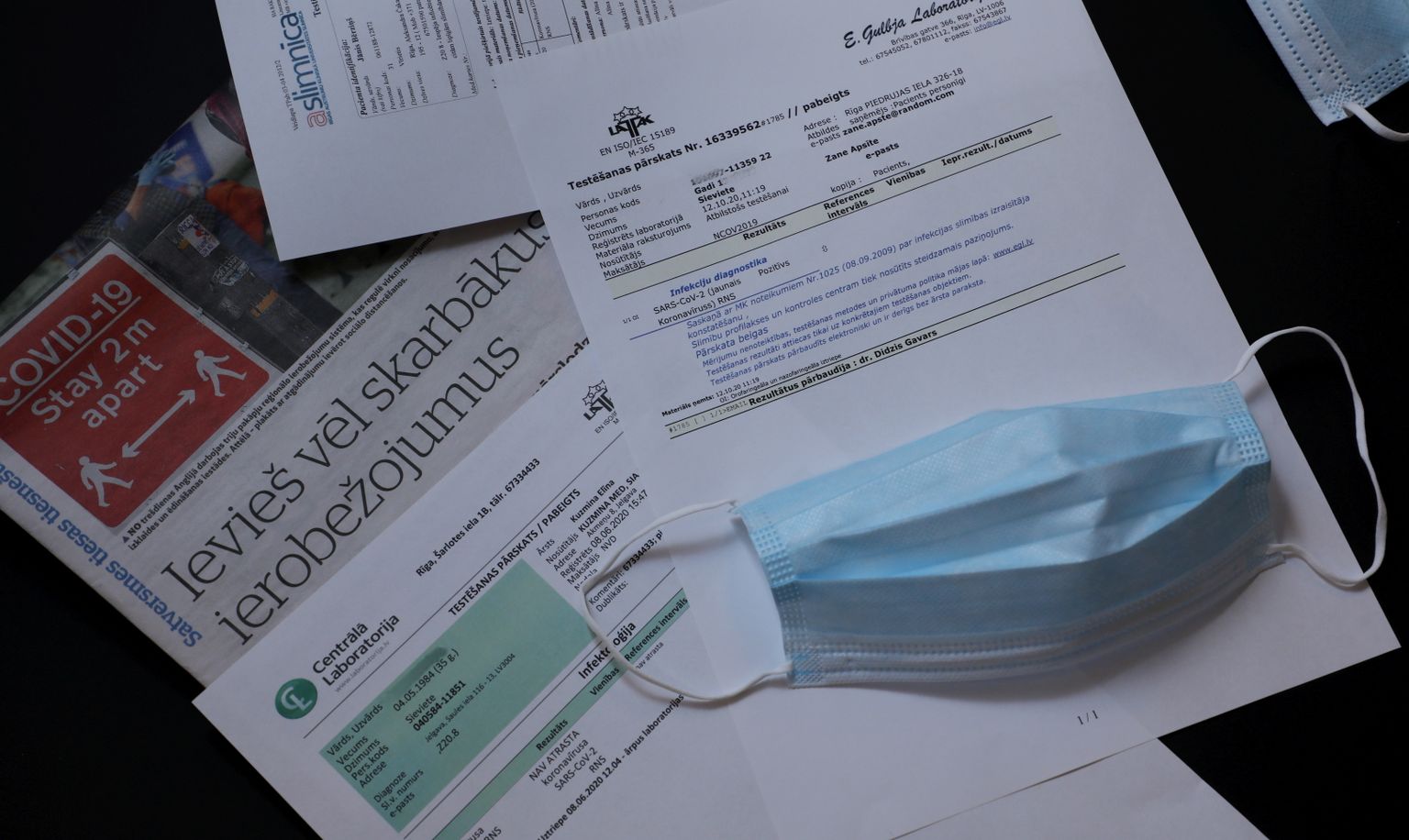 Koronovīrusa izraisītās slimības Covid-19 testēšanas pārskati un sejas maska.