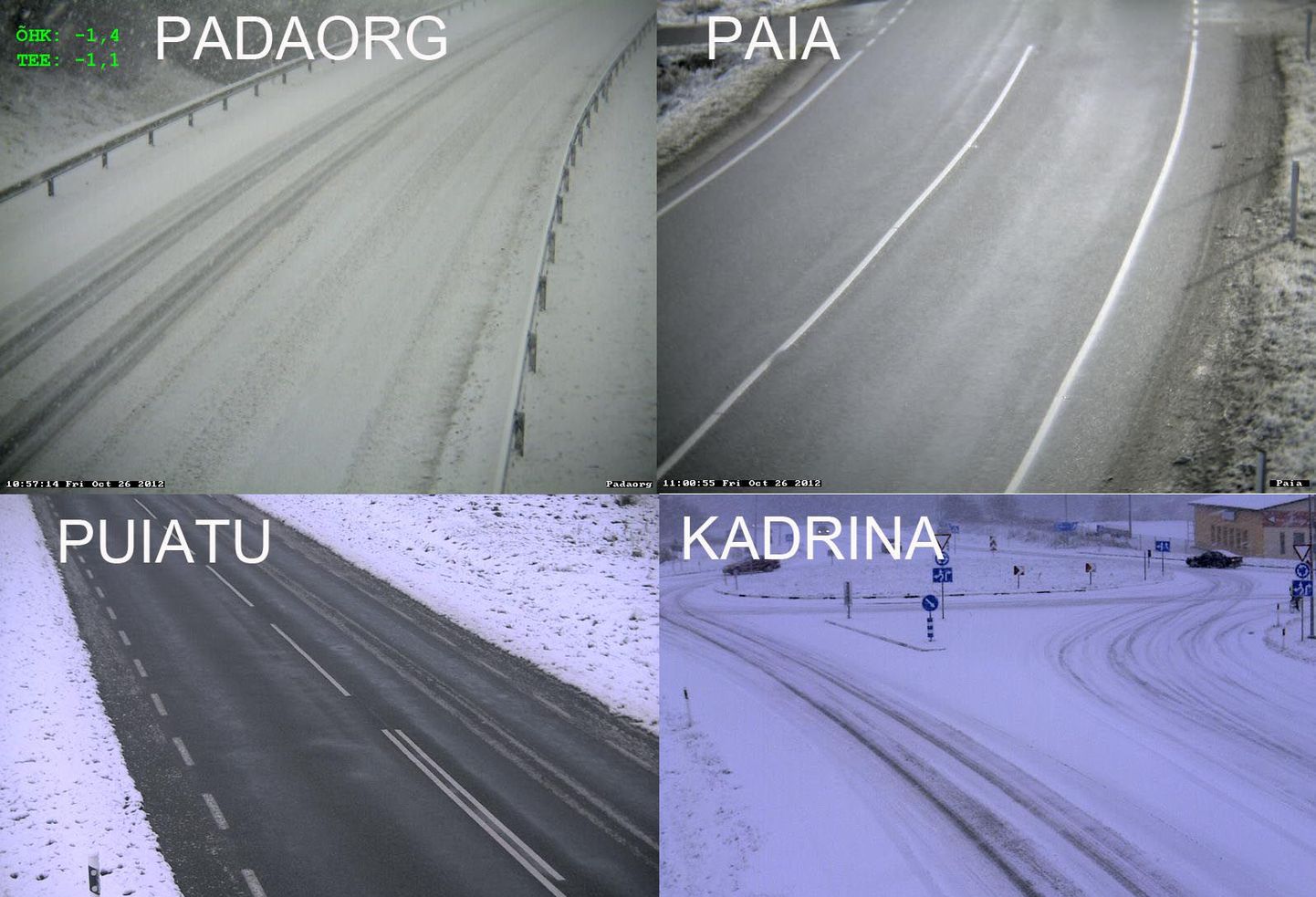 Kella 11 ajal näitasid maanteeameti teekaamerad Eestis väga erinevat pilti. Kui Kesk-Eestis olid teed lumest puhtad ja veidi märjad, siis ida pool oli asfalt lume all peidus.