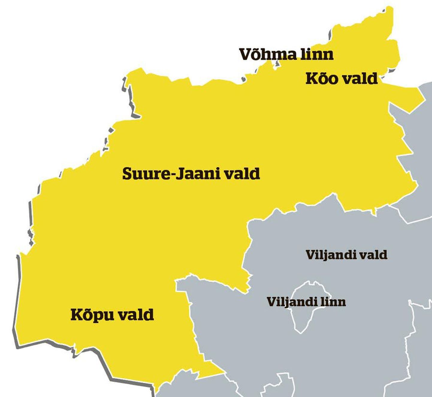 Nelja omavalitsuse juhid otsustasid, et Põhja-Viljandimaale tekib järgmiste valimiste järel uus vald nimega Põhja-Sakala, mis on kaardil näidatud kollasega.