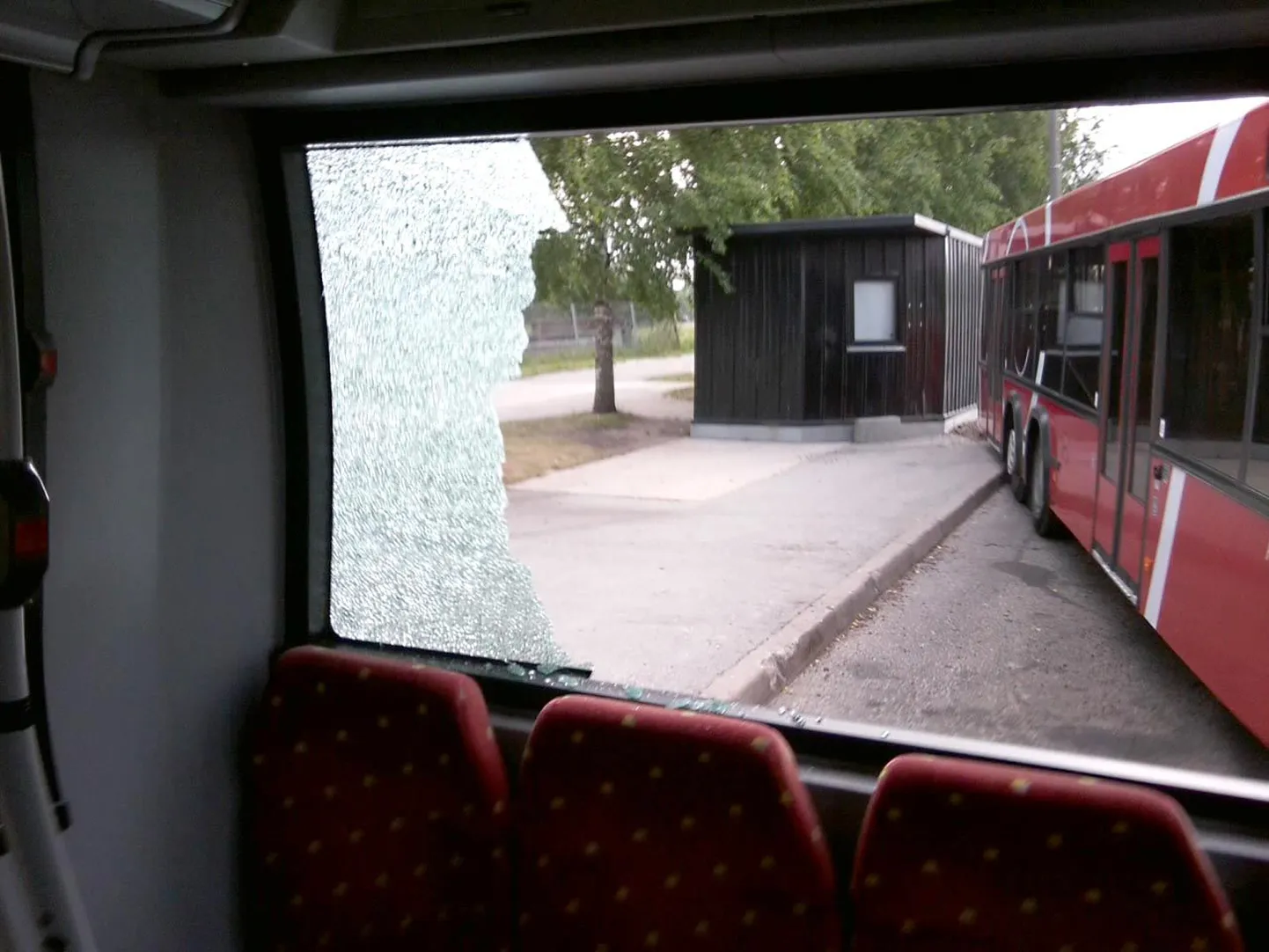Tartus Nõlvaku bussipeatuses sõitis üks buss peegliga teisel katki tagumise aknaklaasi.