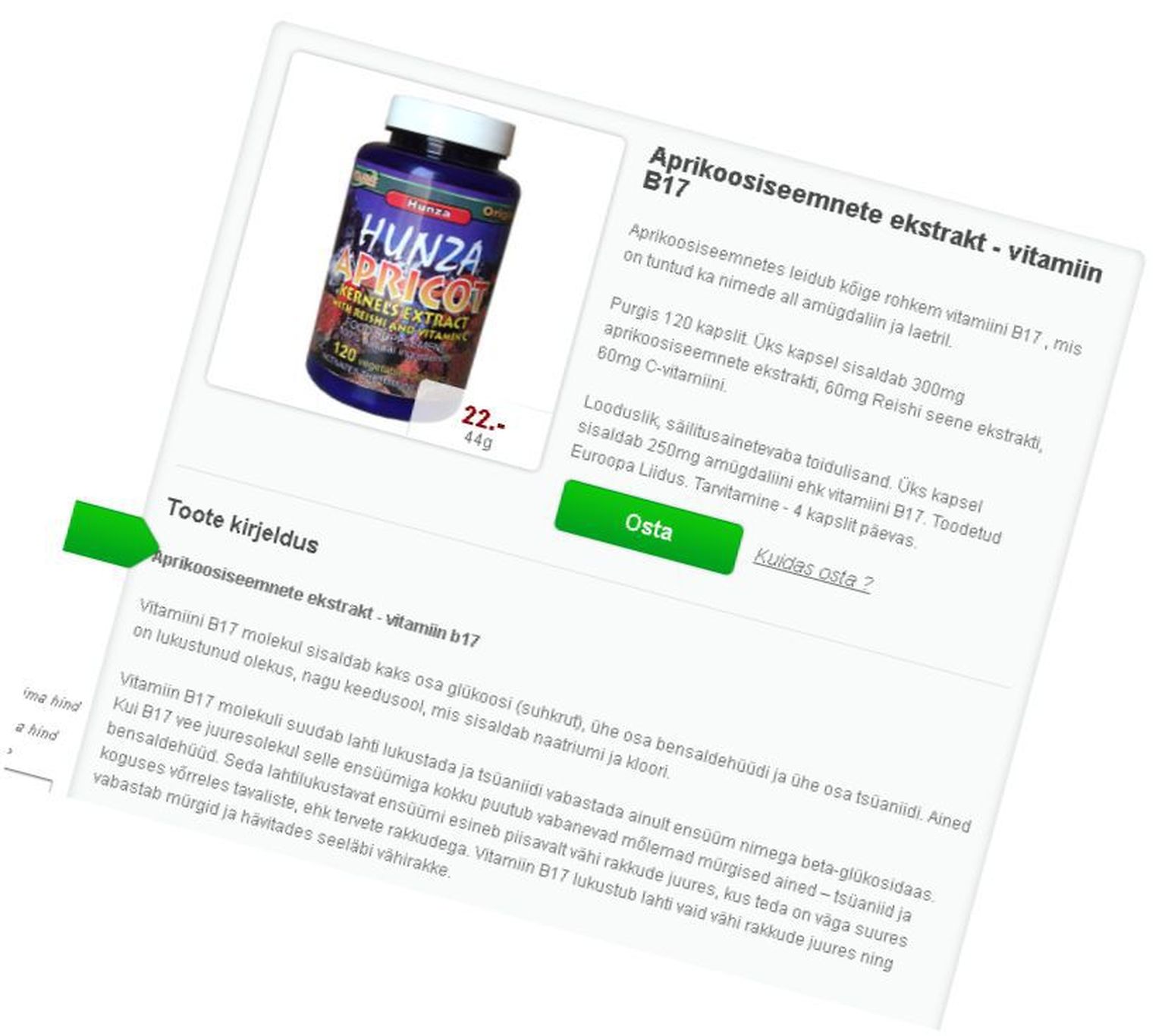 Aprikoosiseemne ekstrakti eksitav reklaam.