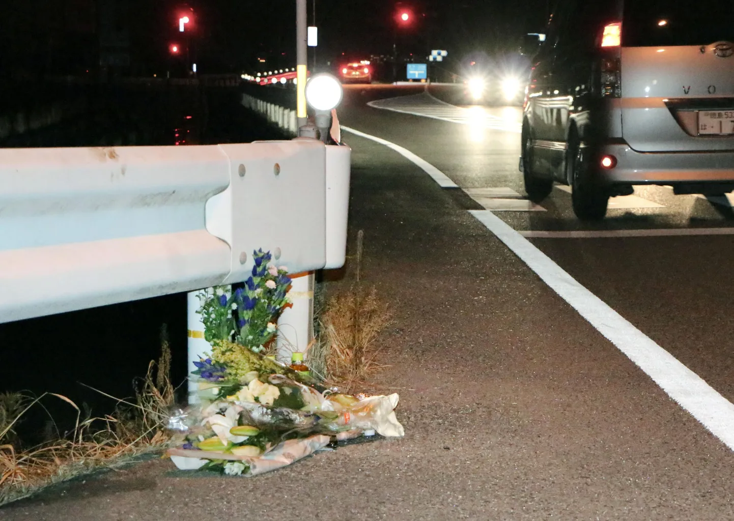 Maantee serva asetatud lilled ohvrite hukkumispaigas Tokushimas.