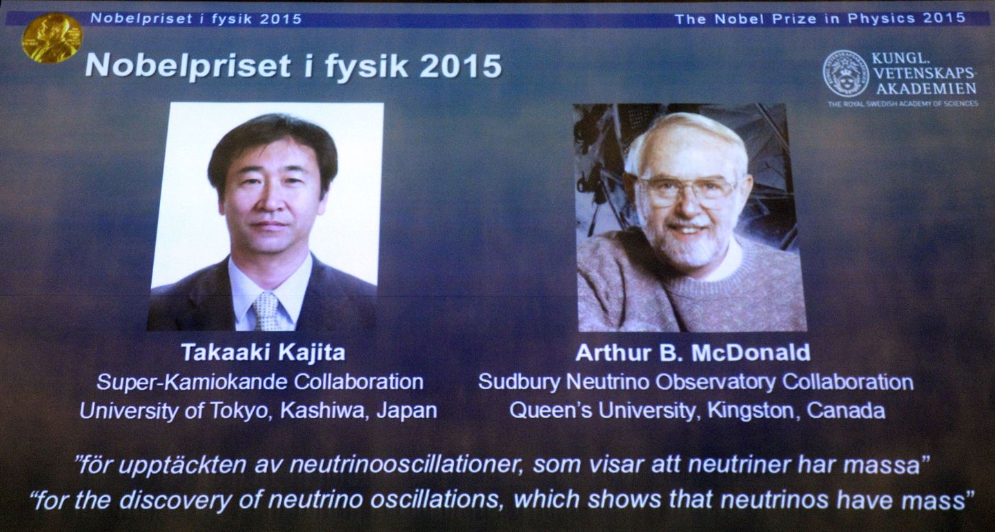 Nobeli füüsikapreemia laureaadid Takaaki Kajita ja Arthur B McDonald.