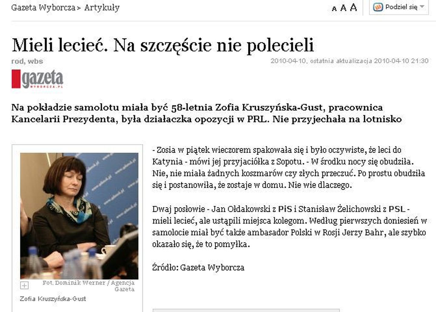 Gazeta Wyborcza võrguväljaande lugu naisest, kes loobus Poola presidendi surmalennust.
