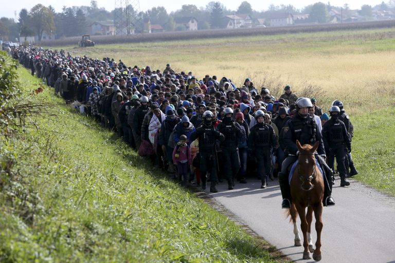 Ratsapolitsei juhatab migrantidele Slvokeenias teed.