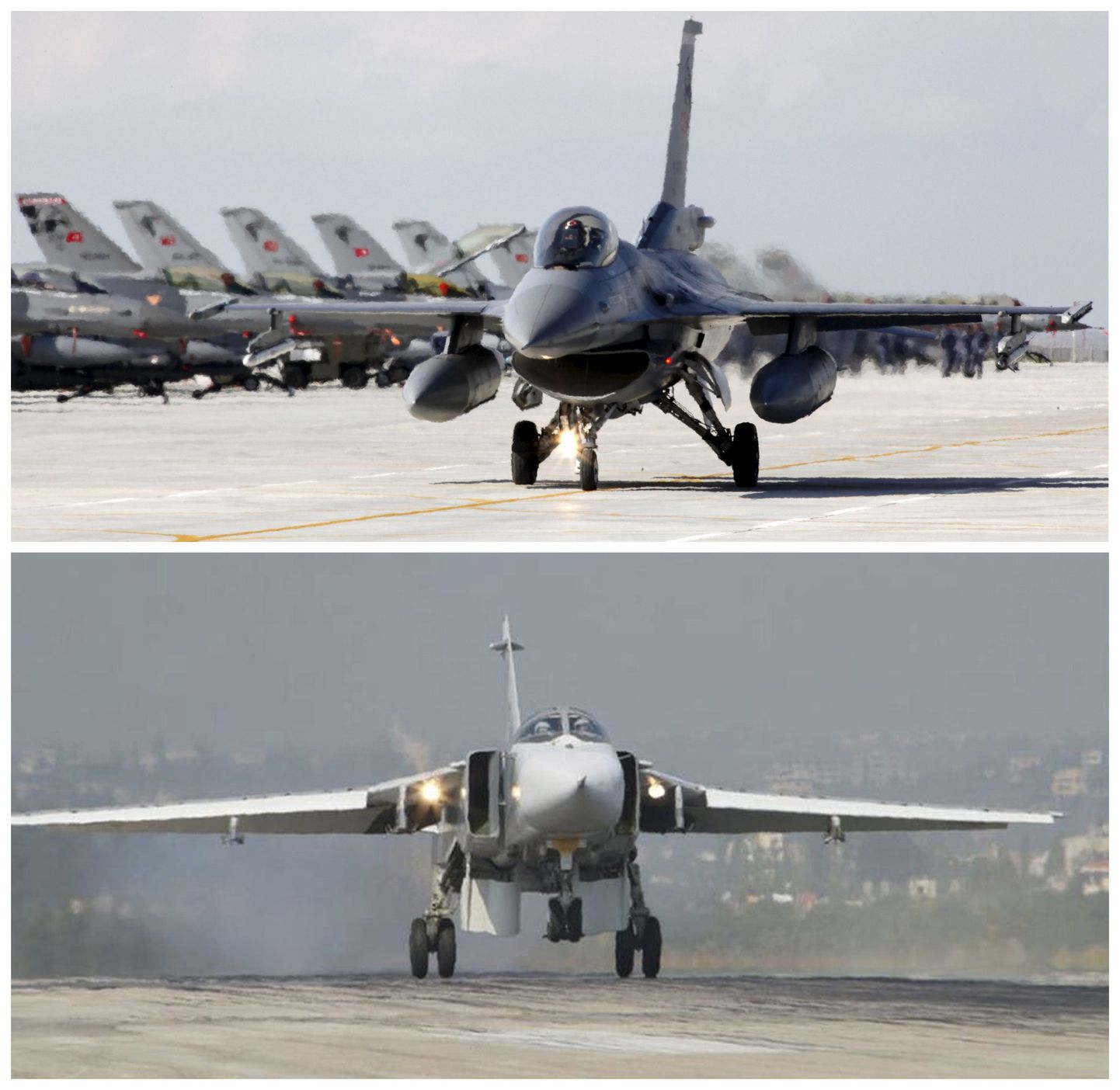 Türgi hävitaja F-16 (ülemisel) ja Vene hävitaja Su-24.