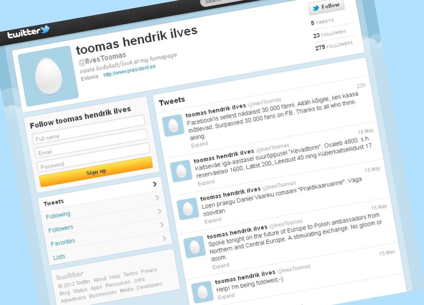 President Toomas Hendrik Ilvese Twitteri konto