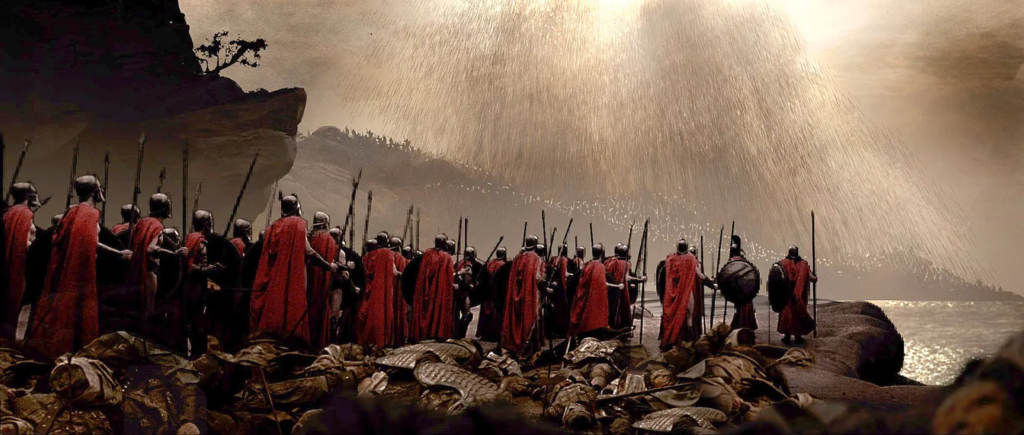 Kaader filmist «300», milles kujutatakse Termopüülide lahingut spartalaste ja pärslaste vahel