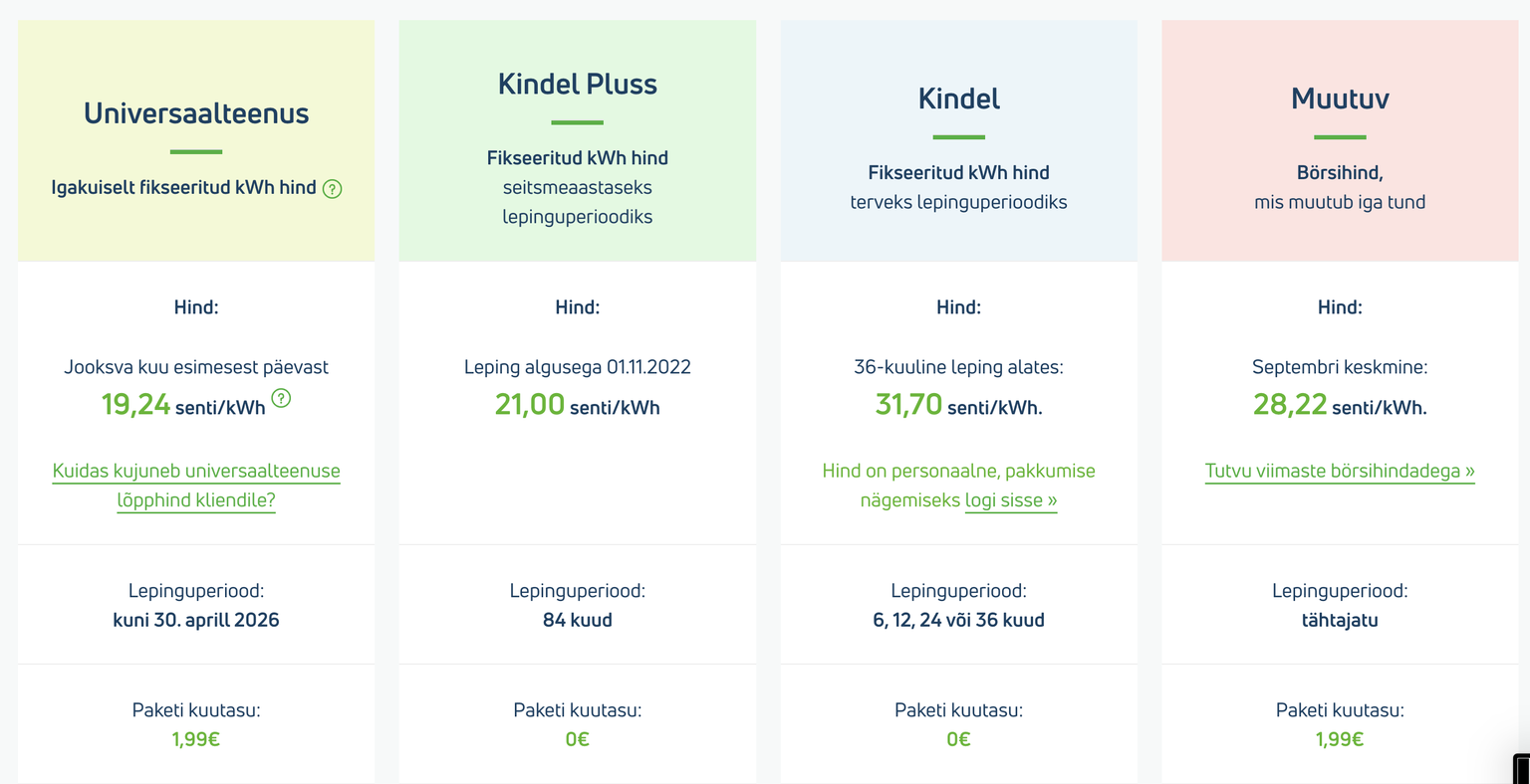 Paketid Eesti Energia kodulehel - Universaalteenus, Kindel Pluss, Kindel, börsipakett.