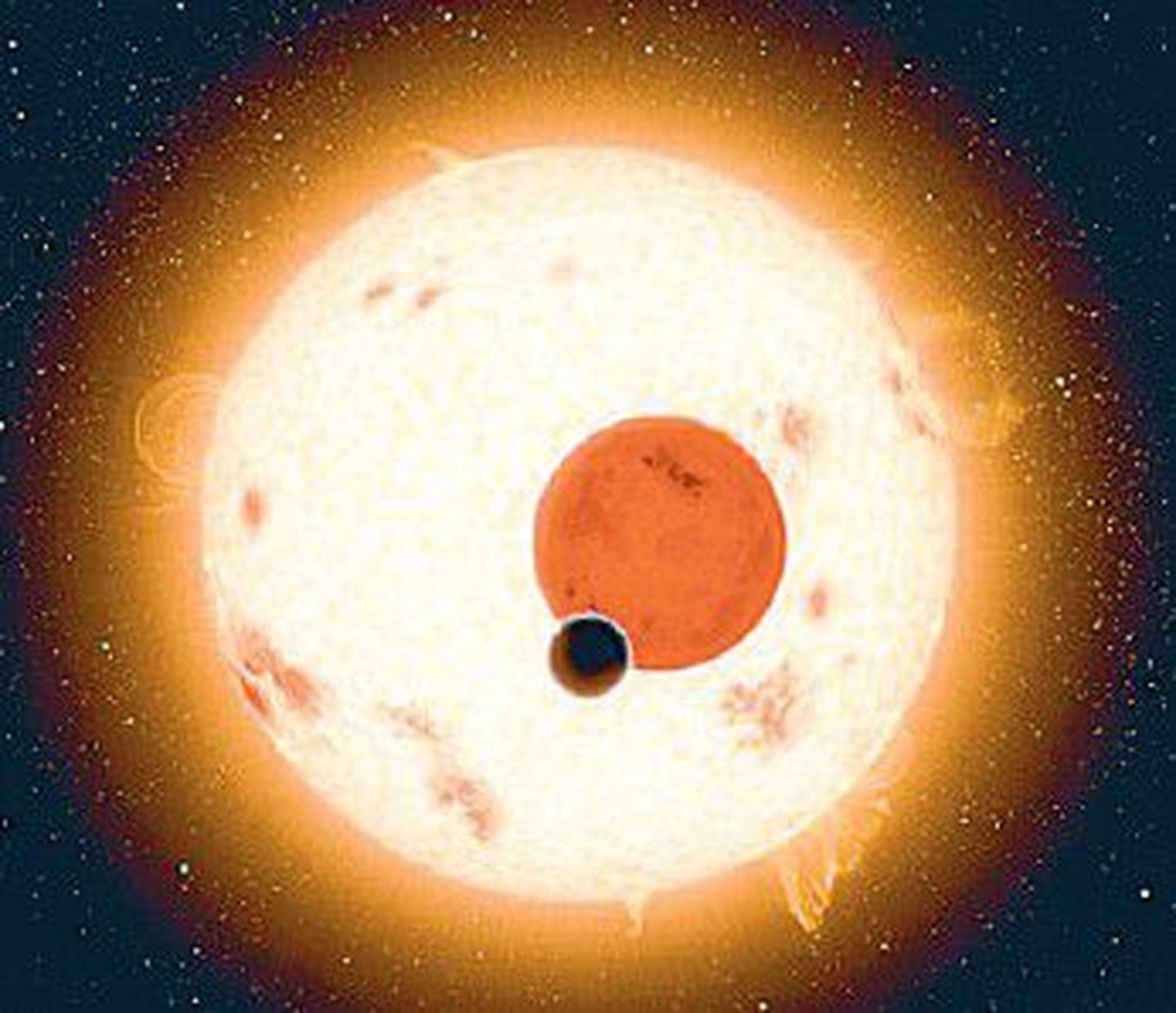 Kunstniku joonistus kahe päikese ümber tiirlevast planeedist.