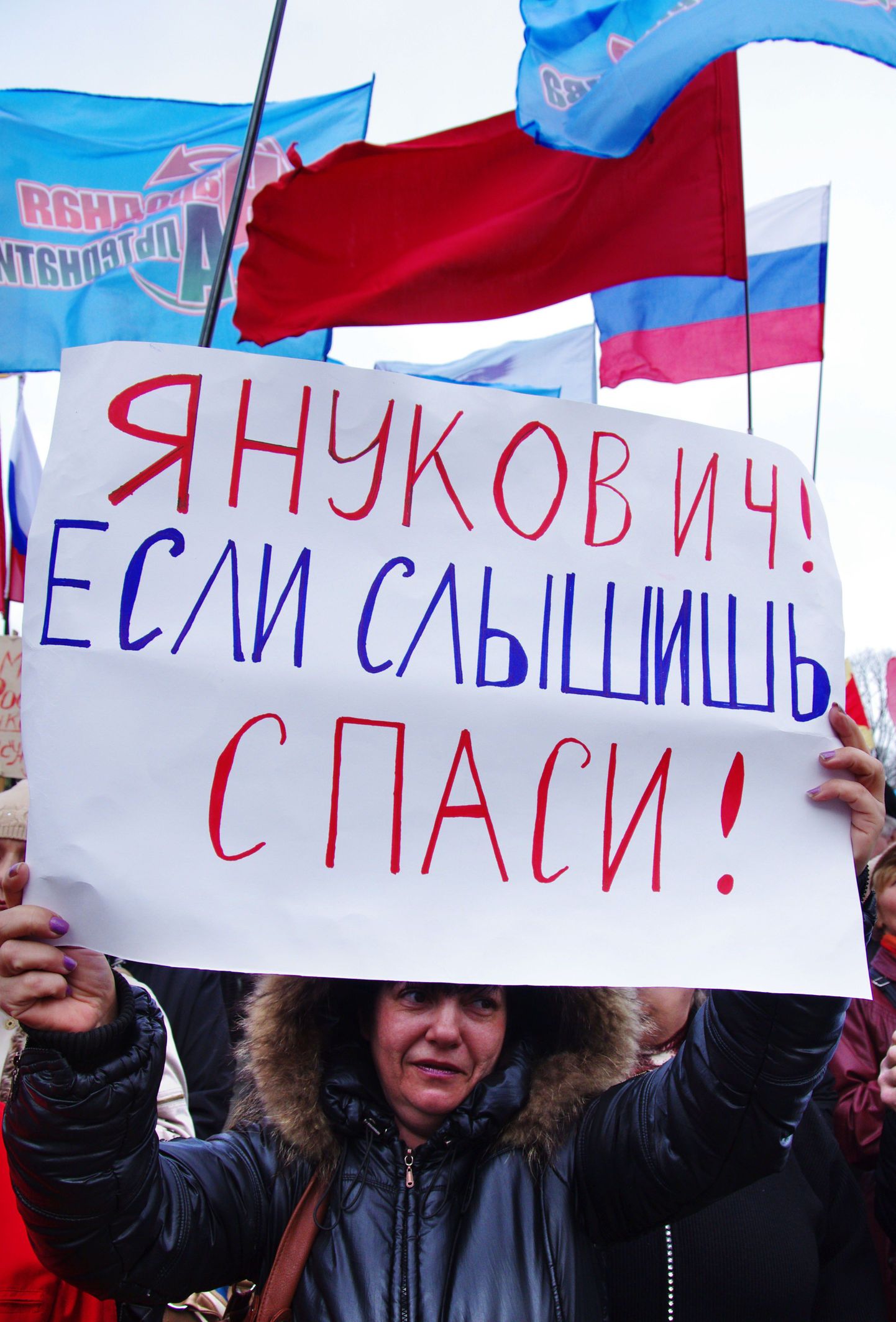Venemeelsed kutsusid Ukraina tagandatud riigipead Viktor Janukovõtšit appi Odessas 23. märtsil toimunud meeleavaldusel.