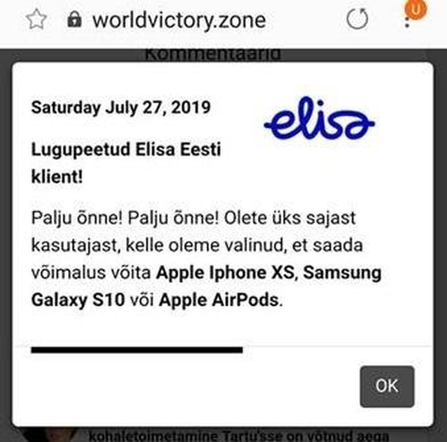 Näide Elisa nime alt avaldatavast petuskeemist.