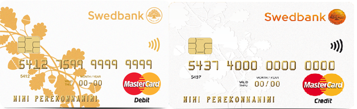 Vasakul Swedbanki uus deebetkaart, paremal krediitkaart.