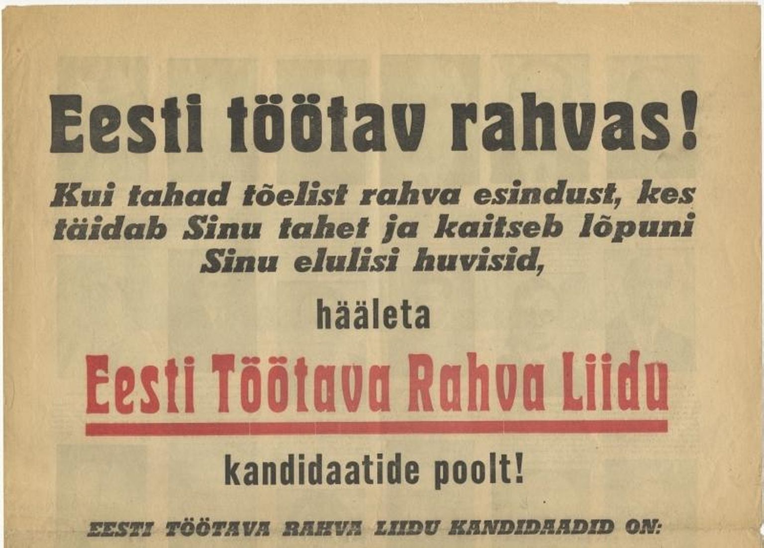 Eesti Töötava Rahva Liidu valimisplakat.