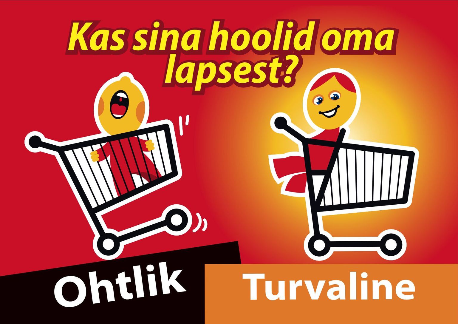 Selveri kauplustesse ülesriputatud plakat näitab, kuidas on turvaline last ostukärus hoida.