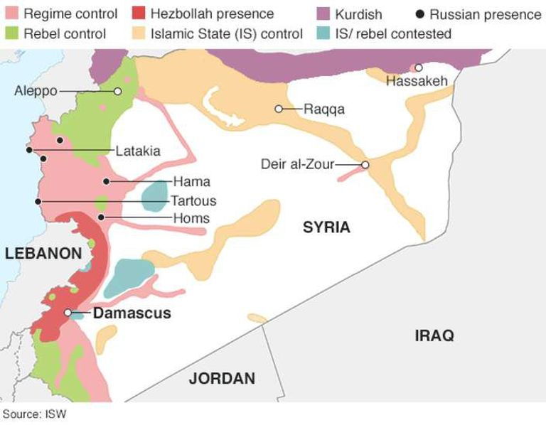 Sellel Rahvusvahelise Sõjauuringute Instituudi kaardil tähistavad mustad täpid Venemaa kohalolekut Süürias. Graafik: