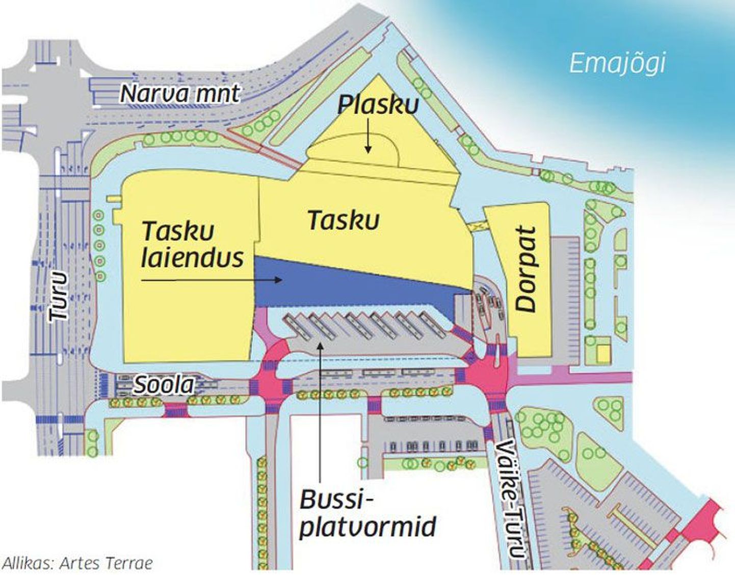 Uus bussijaam tuleb laieneva Tasku esimesele korrusele. Selle asukoht selgub projekteerimise käigus.