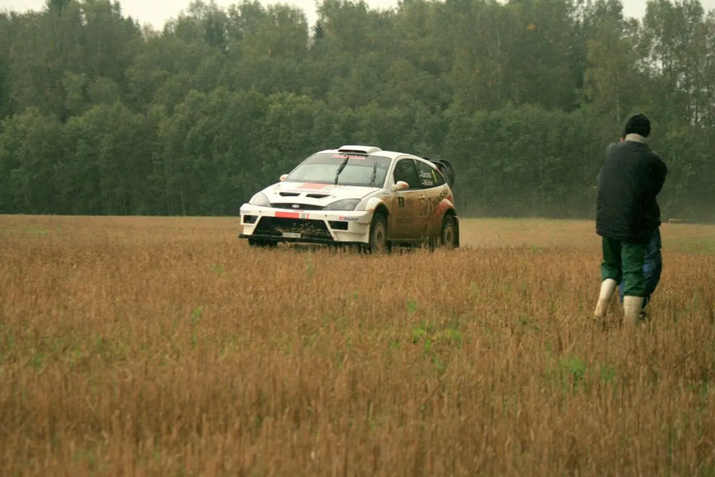 Mulgi ralli ülekaalukalt võitnud Georg Gross oma Ford Focus WRCga üle põllu sõitmas.