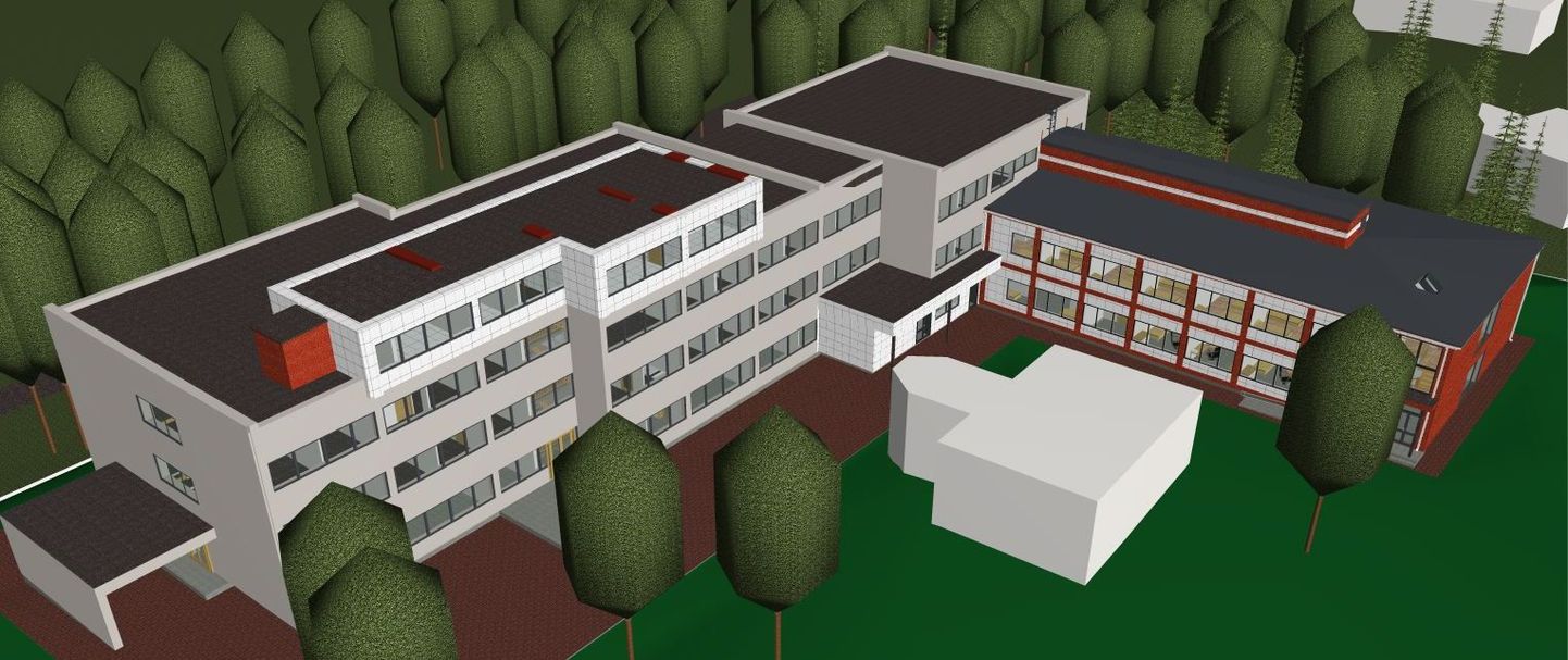 Olemasoleva hoone külge ehitab haigla kahekorruselise hooldusravikeskuse (paremal), lisaks kataob kogu katuse päikesepaneelidega.