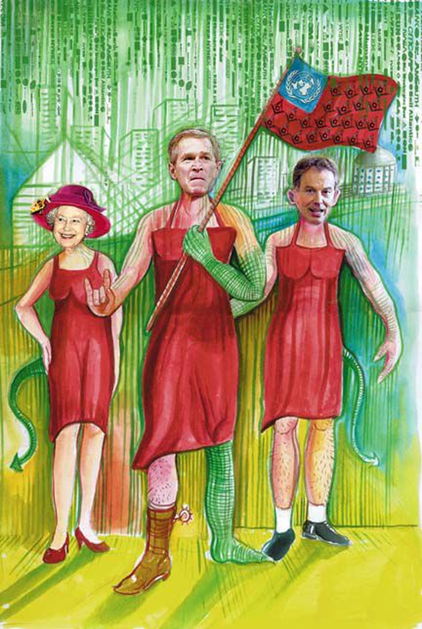 Иллюстрация к книге Дэвида Айка: рептилоиды под видом Елизаветы II, Джорджа Буша-мл. и Тони Блэра манипулируют человечеством.