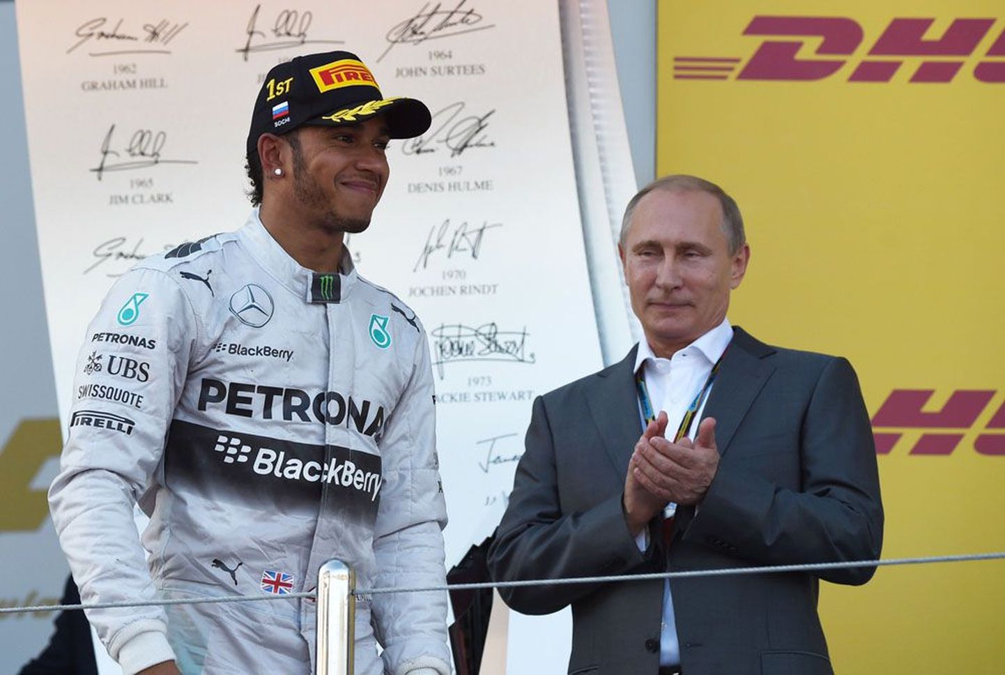 2014. aasta Sotši vormel-1 etapi võita Lewis Hamilton ja Venemaa president Vladimir Putin.