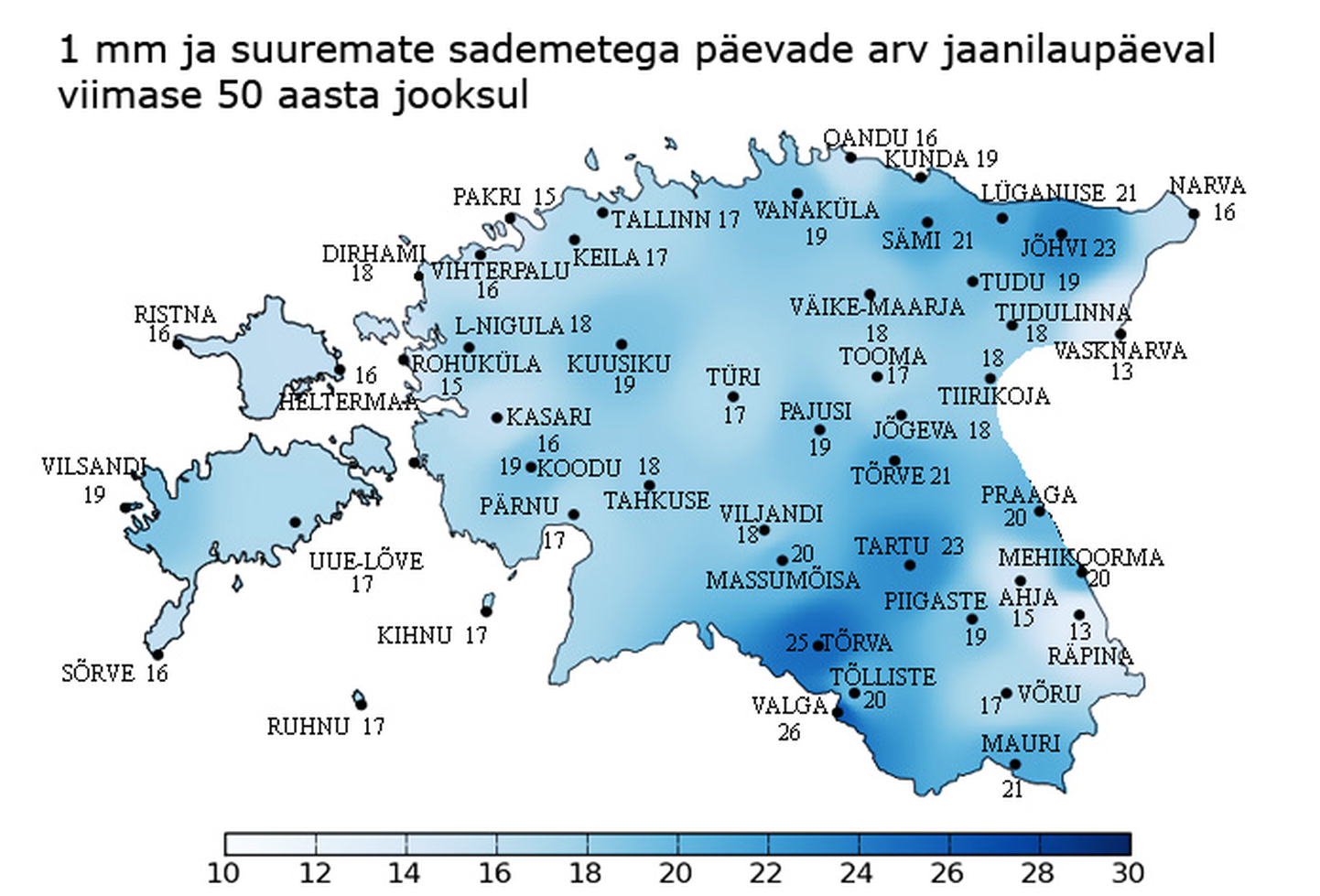 Sajuste jaanilaupäevade arv Eesti eri paigus viimase 50 aasta jooksul.