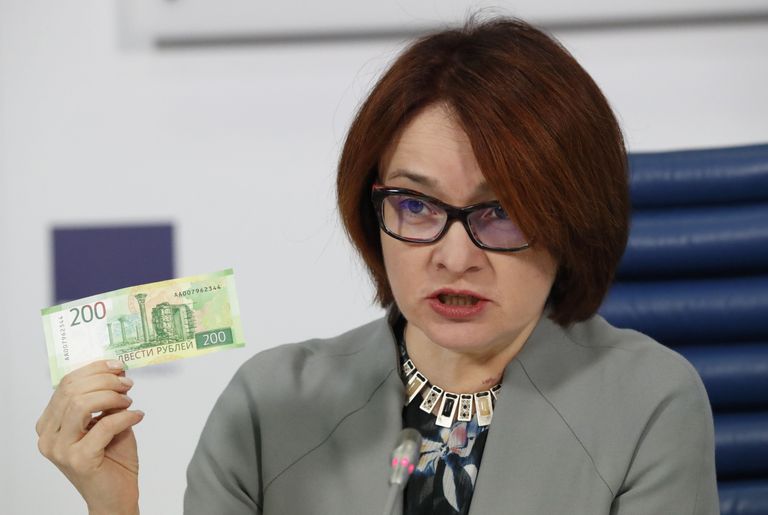 Elvira Nabiullina möödunud neljapäeval Moskvas, esitlemas uute rahatähtede kujundust. FOTO: GRIGORY DUKOR/REUTERS/Scanpix