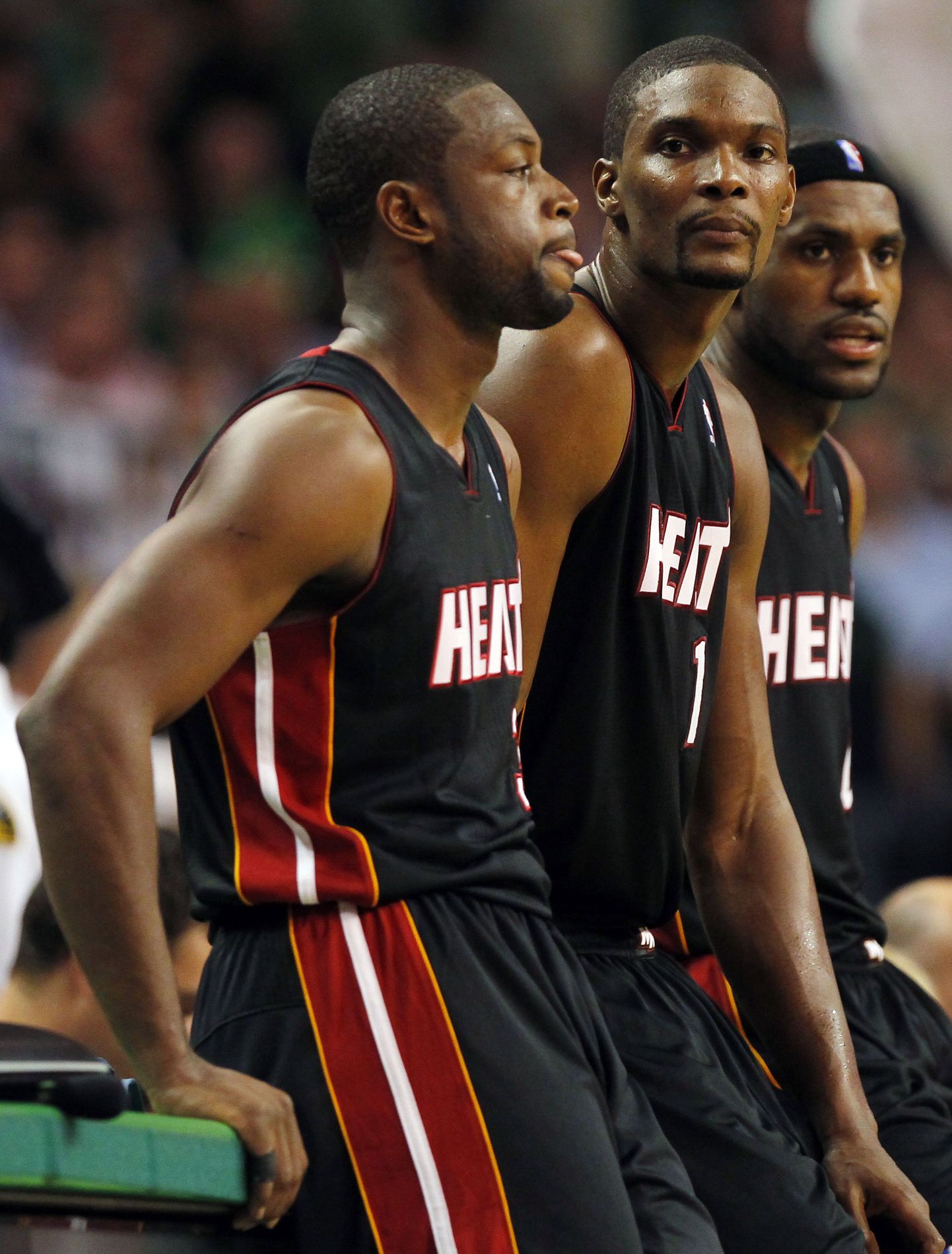 Miami Heati tähtmängijad Dwyane Wade (vasakul), Chris Bosh ja LeBron James.