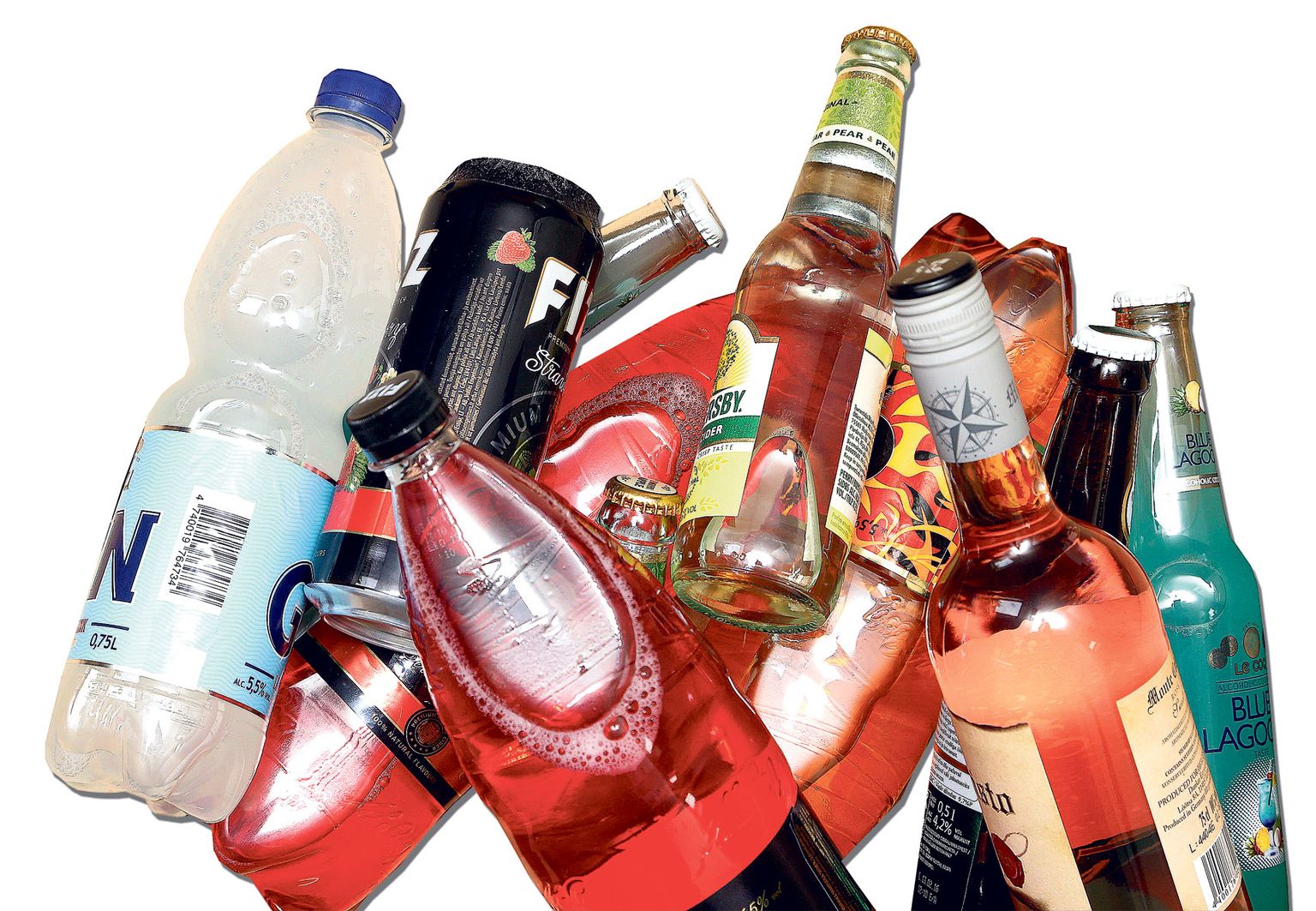 Alaealised neiud ostsid kahe tunni jooksul Tartu poodidest pildil oleva pudeli- ja purgikuhja alkohoolseid jooke.