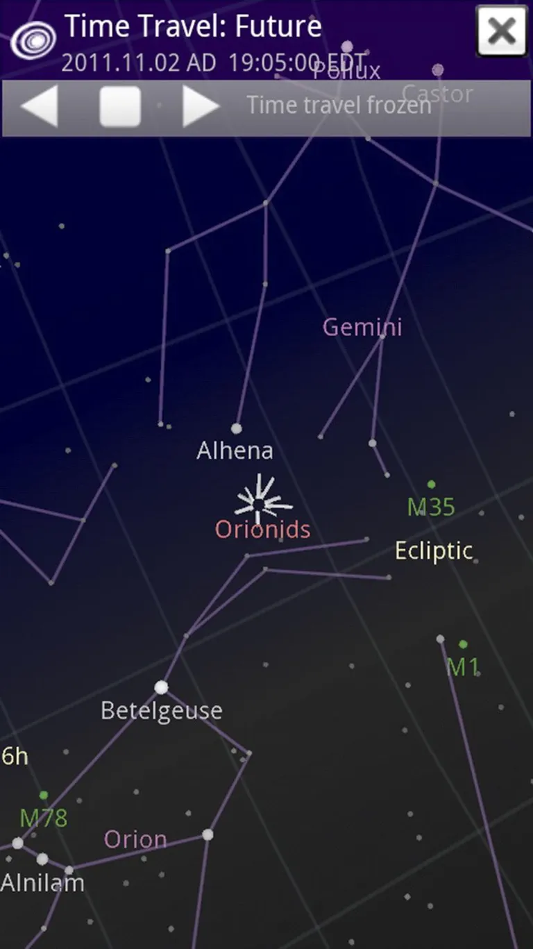 Google Sky Map, millel on selgitatud orioniidide meteoorivoolu