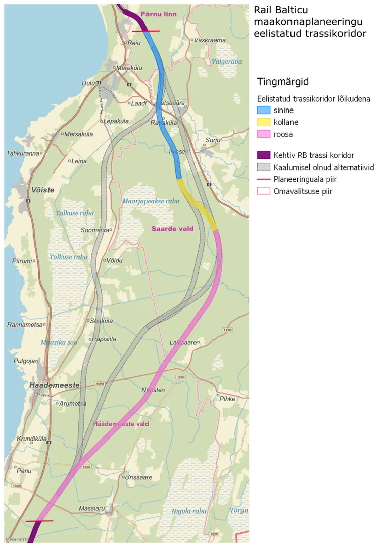 Rail Balticu rajamiseks kõige väiksemate mõjudega on uue planeeringulahenduse kohaselt sinine-kollane-roosa trassikoridor.
