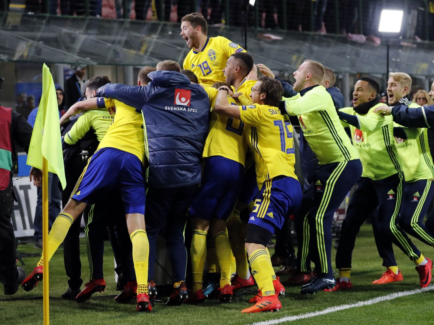 Rootsi jalgpallurid tähistavad MMile pääsemist.