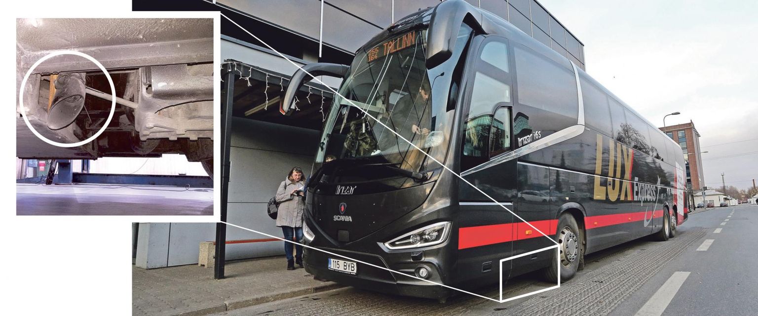 Praegu on põhja alla käiv teeseisuandur (väiksel pildil) viiel Lux Expressi bussil. Varsti pannakse andur veel kuuele bussile.