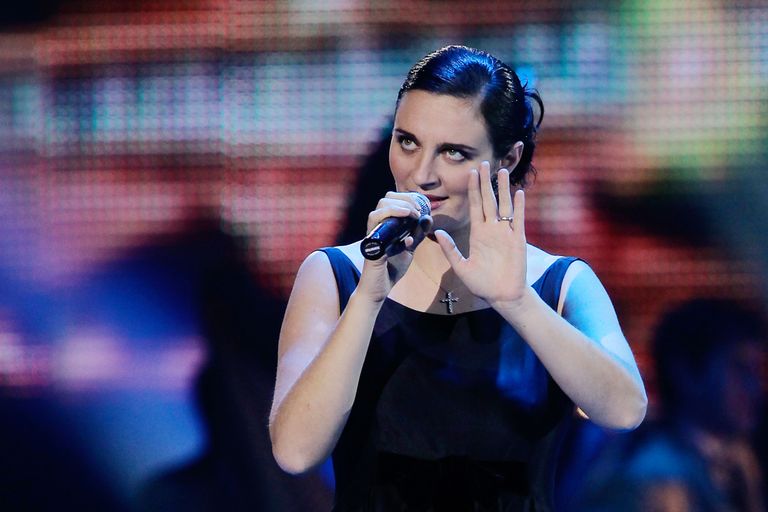 Singer Yelena Vaenga performing at a concert dedicated to the 50th anniversary of the State Kremlin Palace.