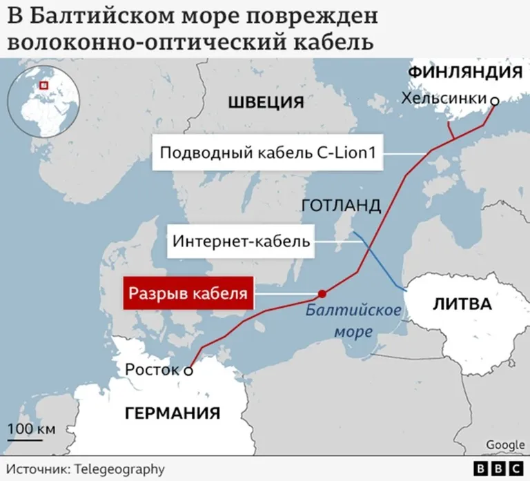 На карте обозначены два подводных кабеля из Литвы в Швецию и из Финляндии в Германию и точки, где они были оборваны.