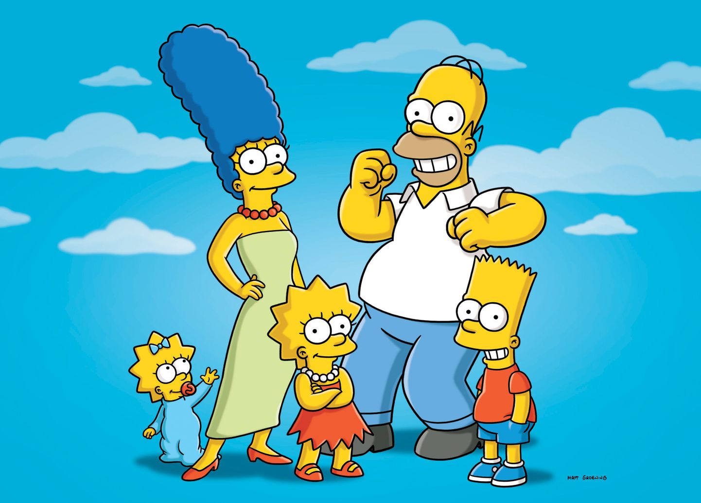 Animasarja «Simpsonid» peategelased vasakult alates  - Maggie, Marge, Lisa, Homerja Bart