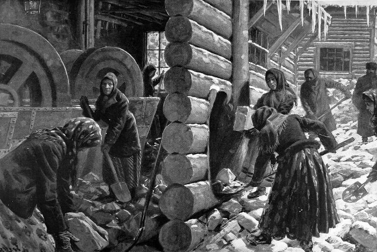 Julius Price'i illustratsioon Siberi kullakaevanduses töötavatest naistest. 1906.