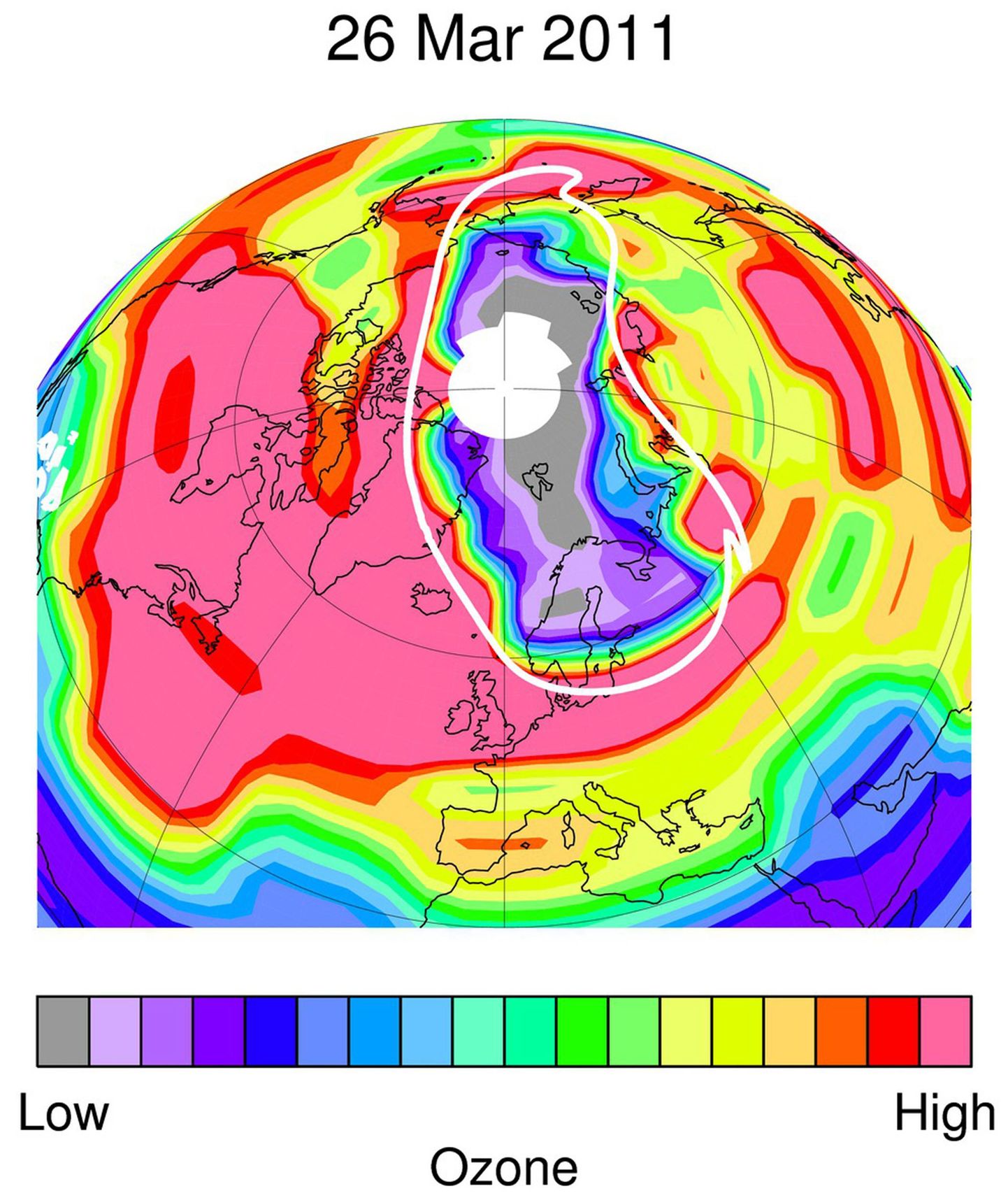 Eile NASA avaldatud pildilt näeb osoonikihi paksust 20 kilomeetri kõrgusel. Andmed pärinevad selle aasta märtsikuust. Punane märgib kõrge osoonitasemega piirkondi, lilla ja hall aga väga madala tasemega piirkondi.