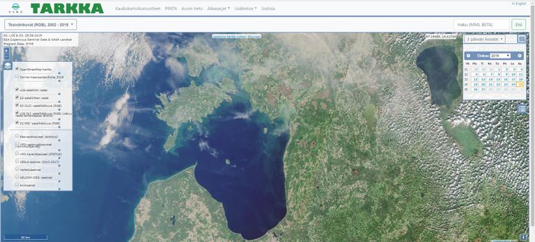Pühapäevane satelliidipilt Pärnu lahest. Sellest nähtub sinivetika vohamine.