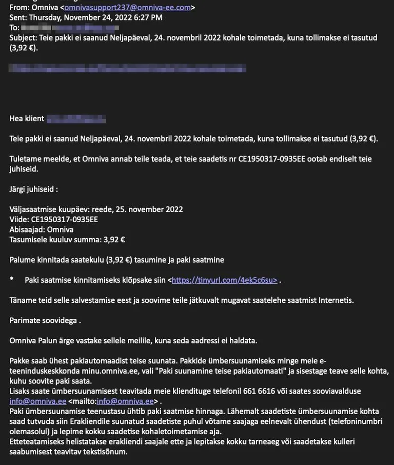 Omniva nimel küberkurjategijate saadetud petukiri.
