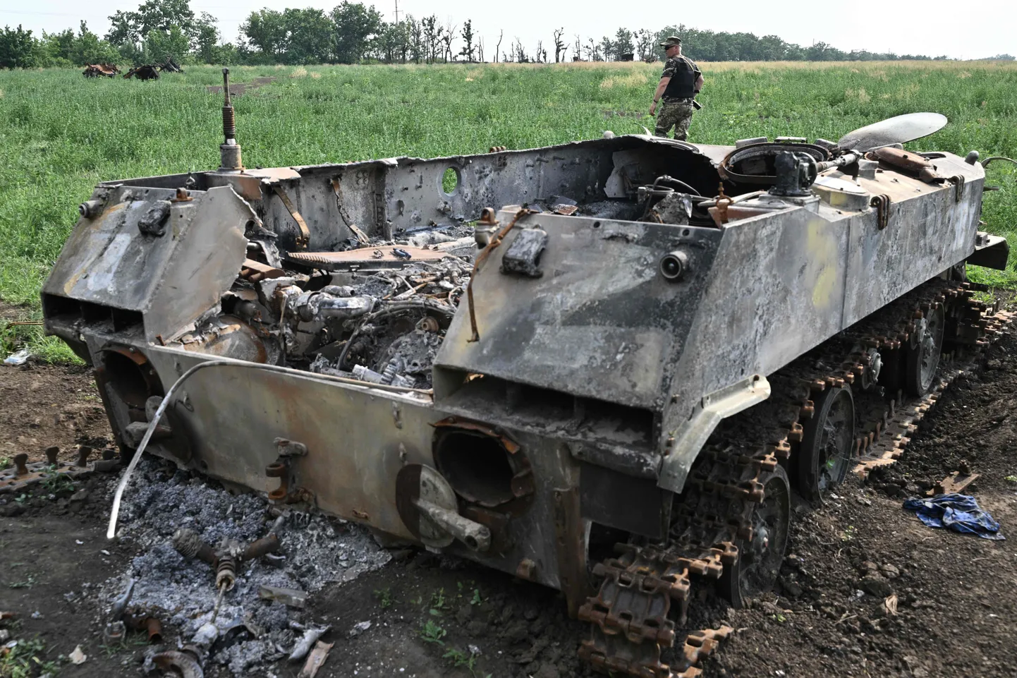 Украинский военнослужащий проходит мимо уничтоженной российской военной техники на поле недалеко от города Николаева 12 июня 2022 года.