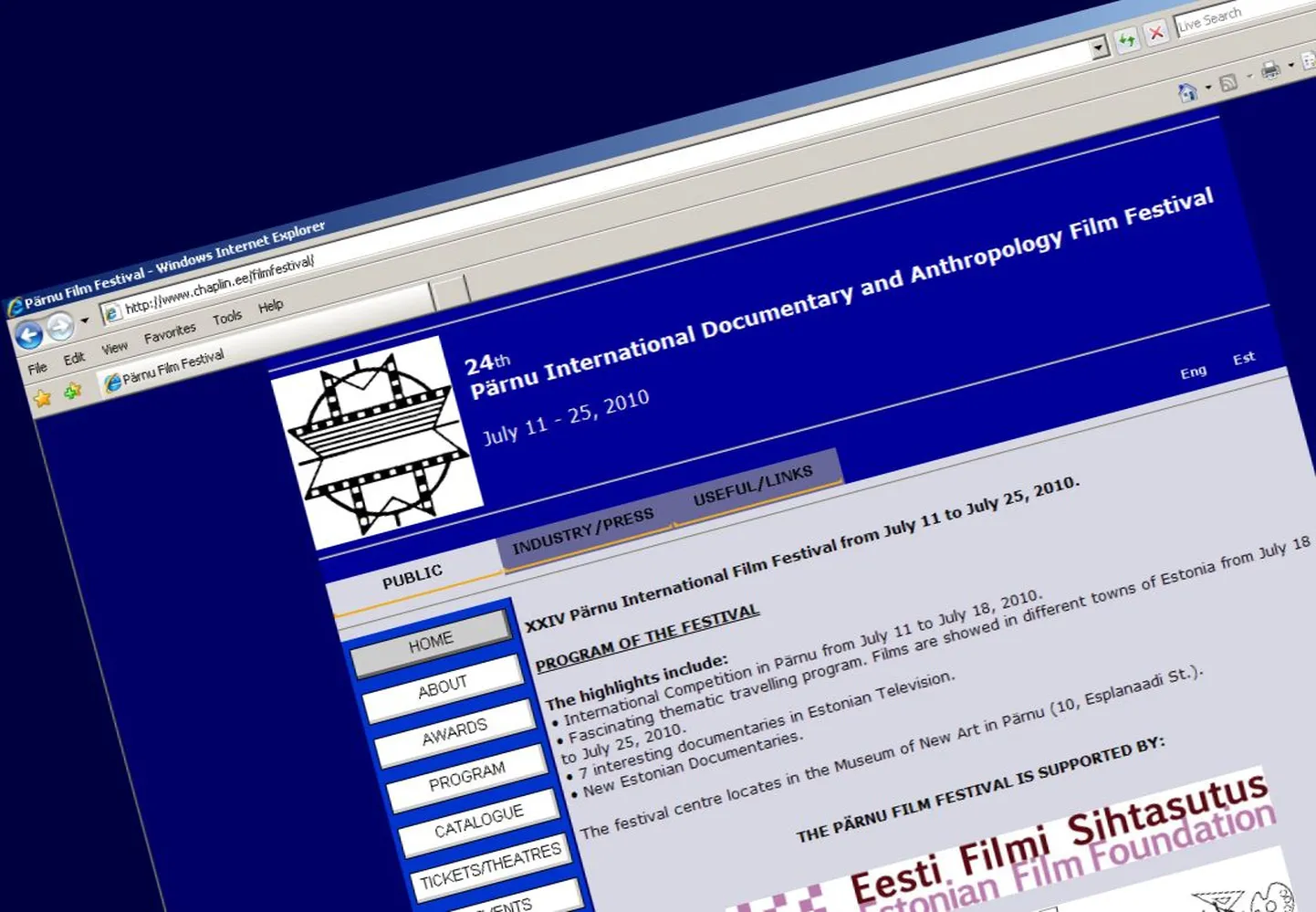 Pärnu filmifestivali kodulehe fragment.