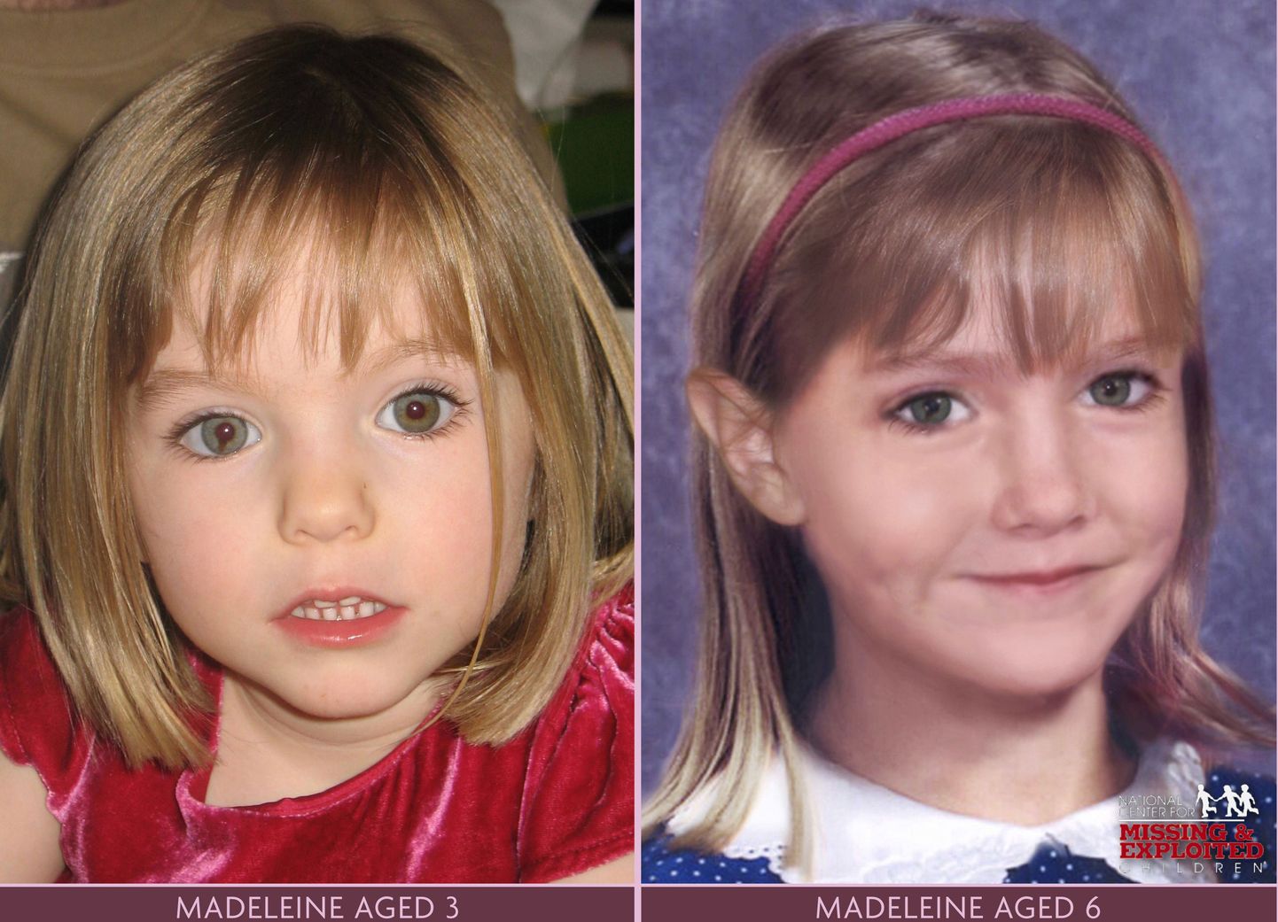 Vasakul on 3-aastane Maddy McCann ja paremal fotol on arvuti abil püütud kujutada ete, kuidas laps nüüd välja näeks.