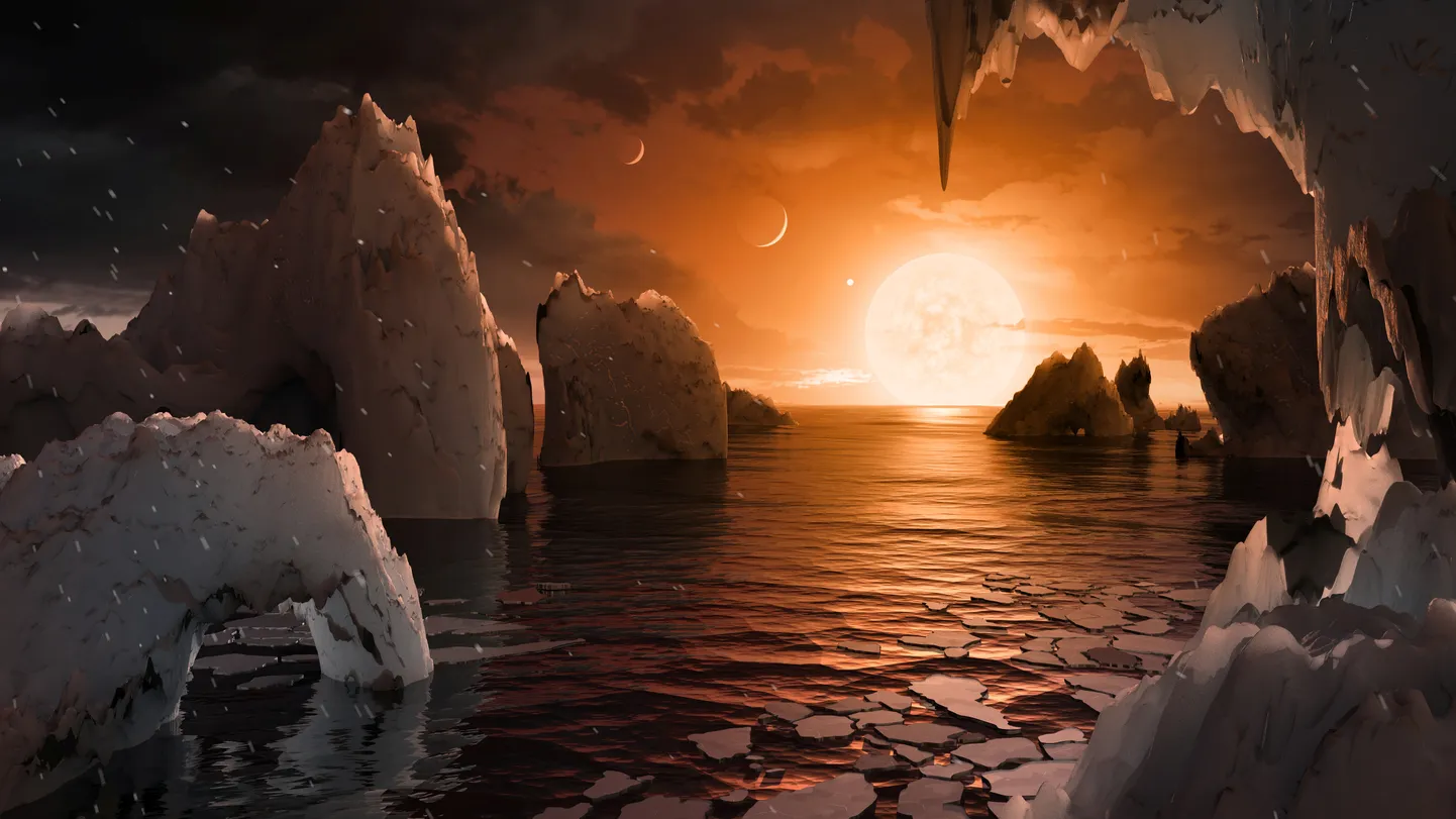 Kunstniku kujutis Trappist-1 pinnal vallata võivatest keskkonnaoludest. Taevas paistvad sirbid pärinevad teistelt planeetidelt.