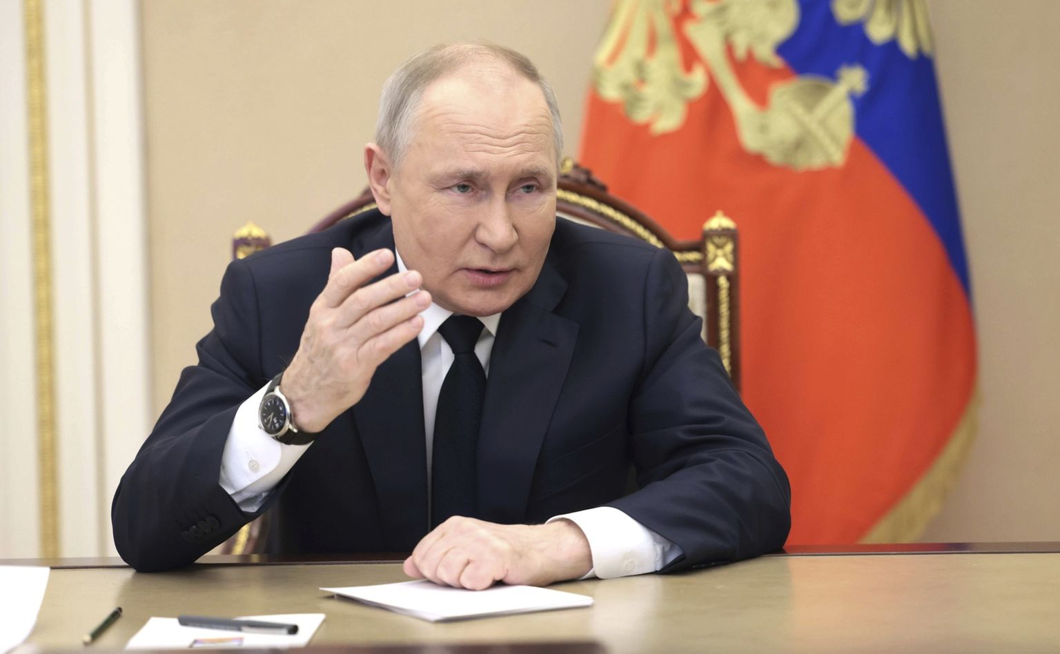 March 2, 2023, Moscow, Moscow Oblast, Russia: Russian President Vladimir Putin holds a remote launch of the Year of Teachers and Mentors in Russia from the Kremlin, March 2, 2023 in Moscow, Russia. (Credit Image: © Mikhail Metzel/Kremlin Pool/Planet Pix via ZUMA Press Wire)