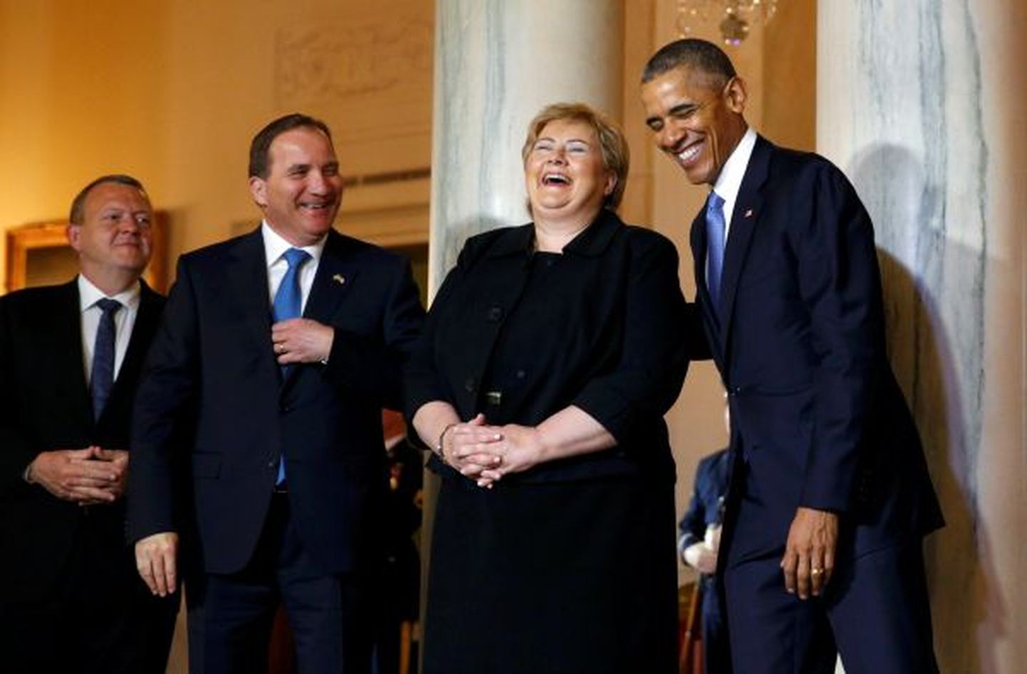 Obamal on õnnestunud Norra peaminister Erna Solberg nakatavalt naerma ajada. Rõõmu jätkub ka Rootsi peaministrile Stefan Löfvenile (norralannast vasemal).