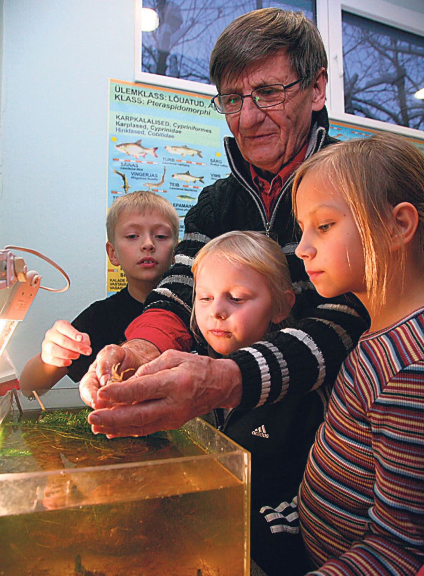 Jüri Tenson näitab loodus- ja tehnikamajas Lindi lastele võõrliigina Eesti vetes elavat mudakrabi.