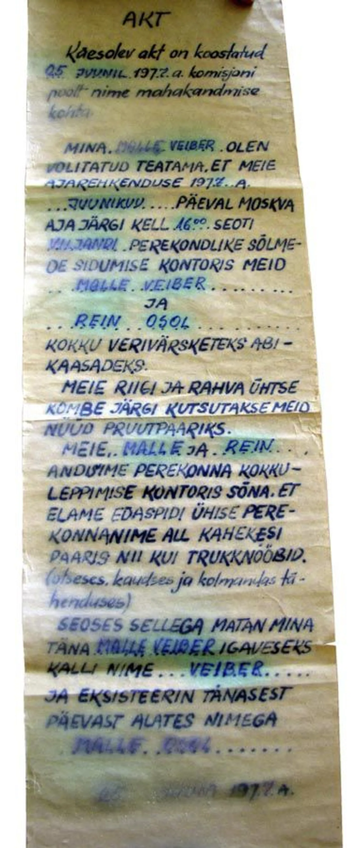 1977. aasta juunis kirjutatud neiupõlvenime mahajätmise akt on üsna hästi säilinud.